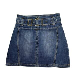 Y2K CACHE Garage Denim Mini Jean Skirt Rockabilly Buckle Grunge Vtg Sz 2 EUC